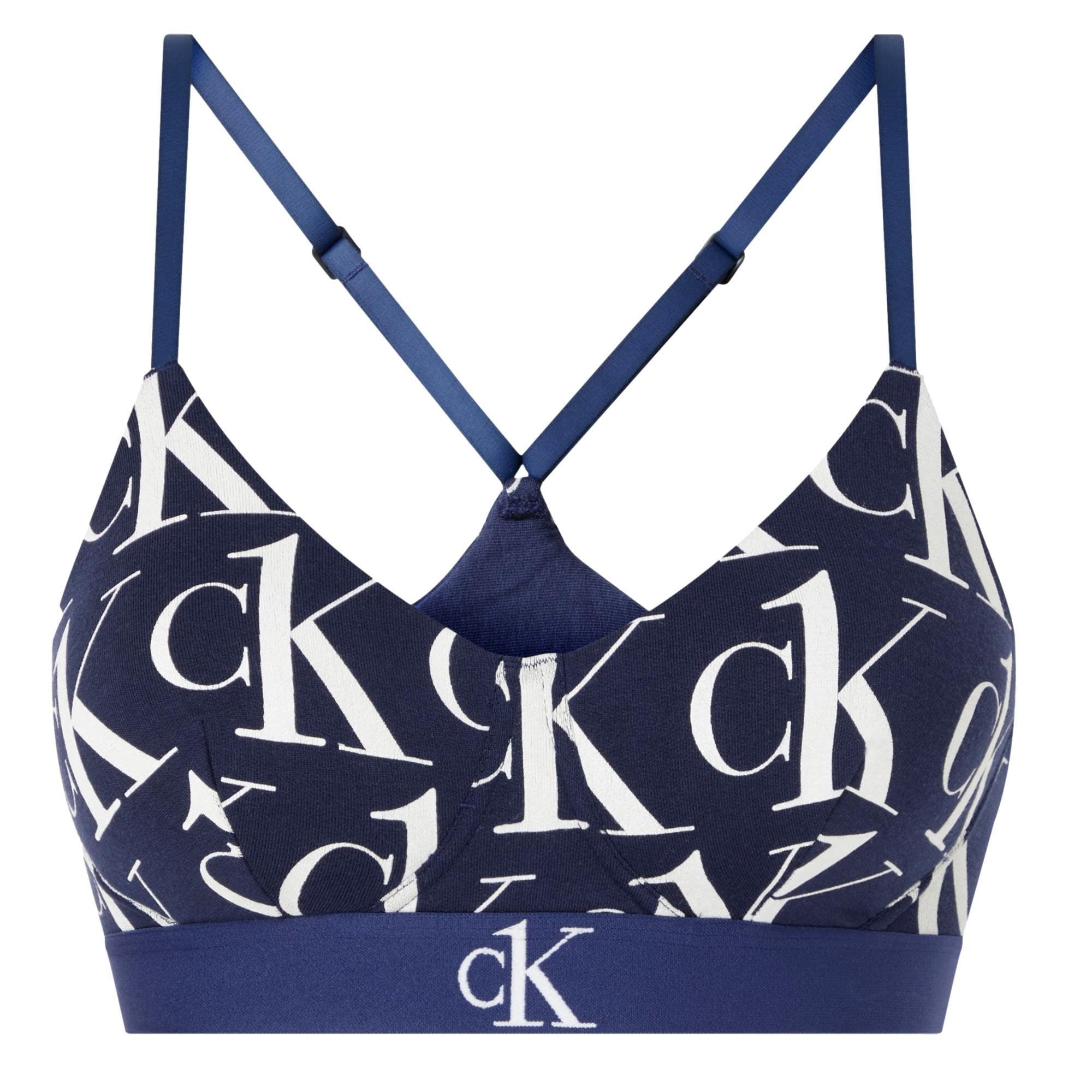 Calvin Klein CK One logo unlined triangle bralette in blue logo print