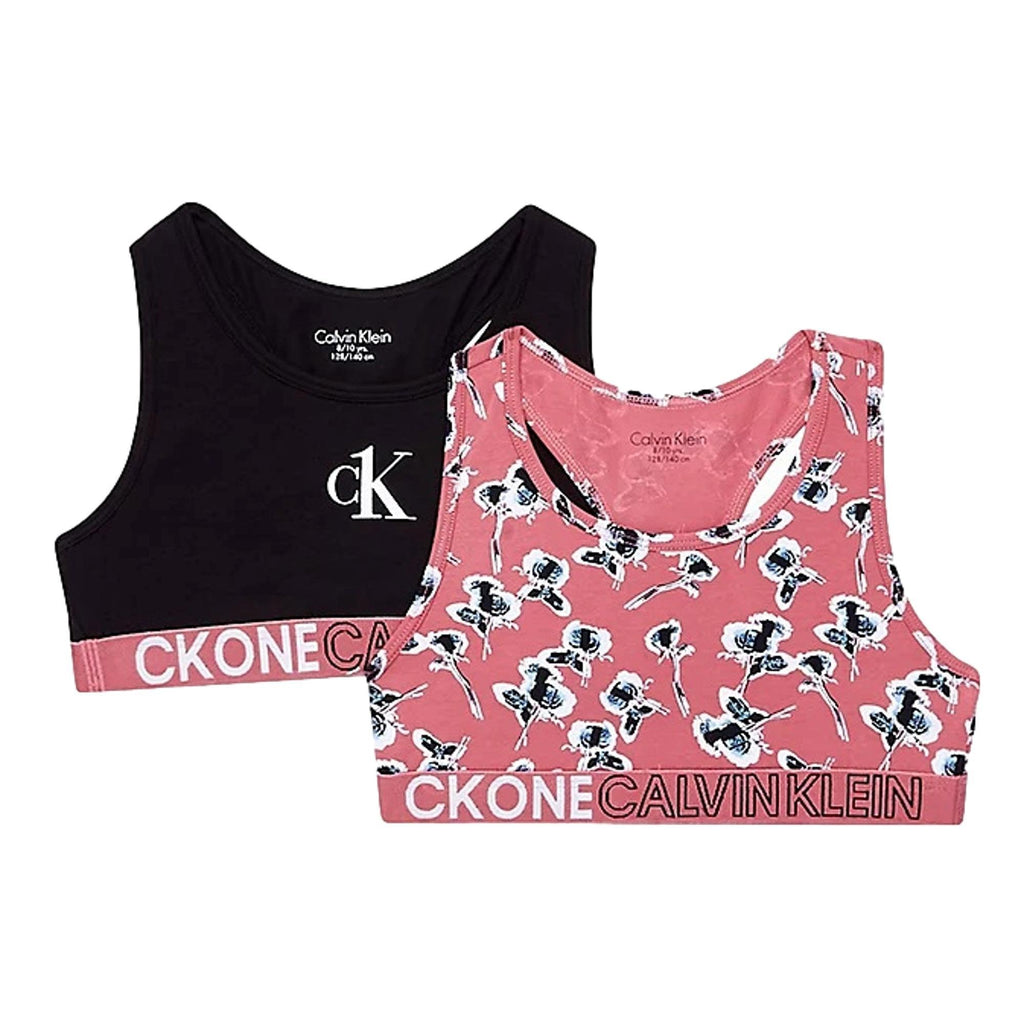 Calvin Klein Girls 2 Pack Ck One Organic Cotton Bralettes - Roseprint/Black - Utility Bear
