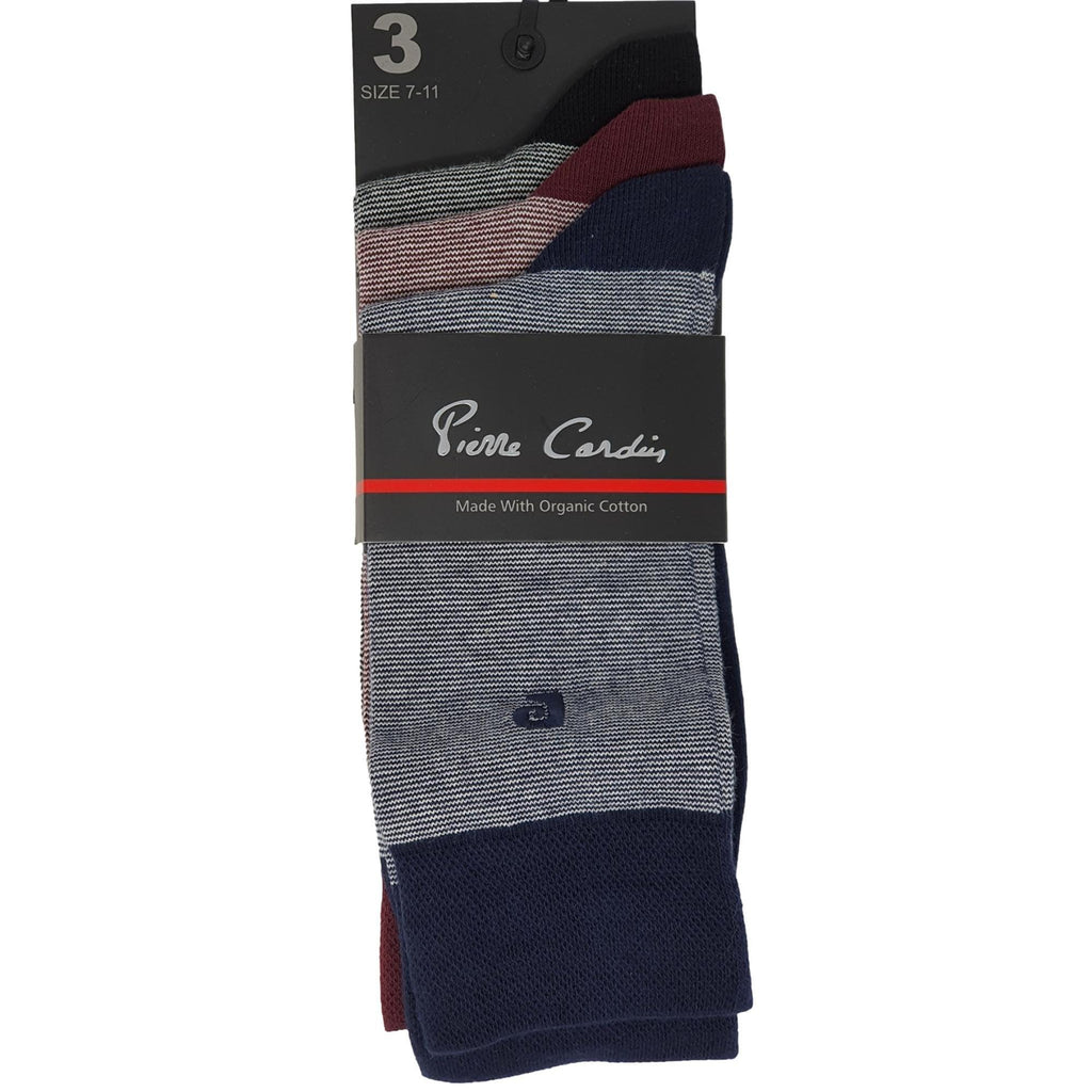 Pierre Cardin 3Pk Men'S Cotton Blend Feeder Stripe Socks - Navy/Burgundy/Black - Utility Bear