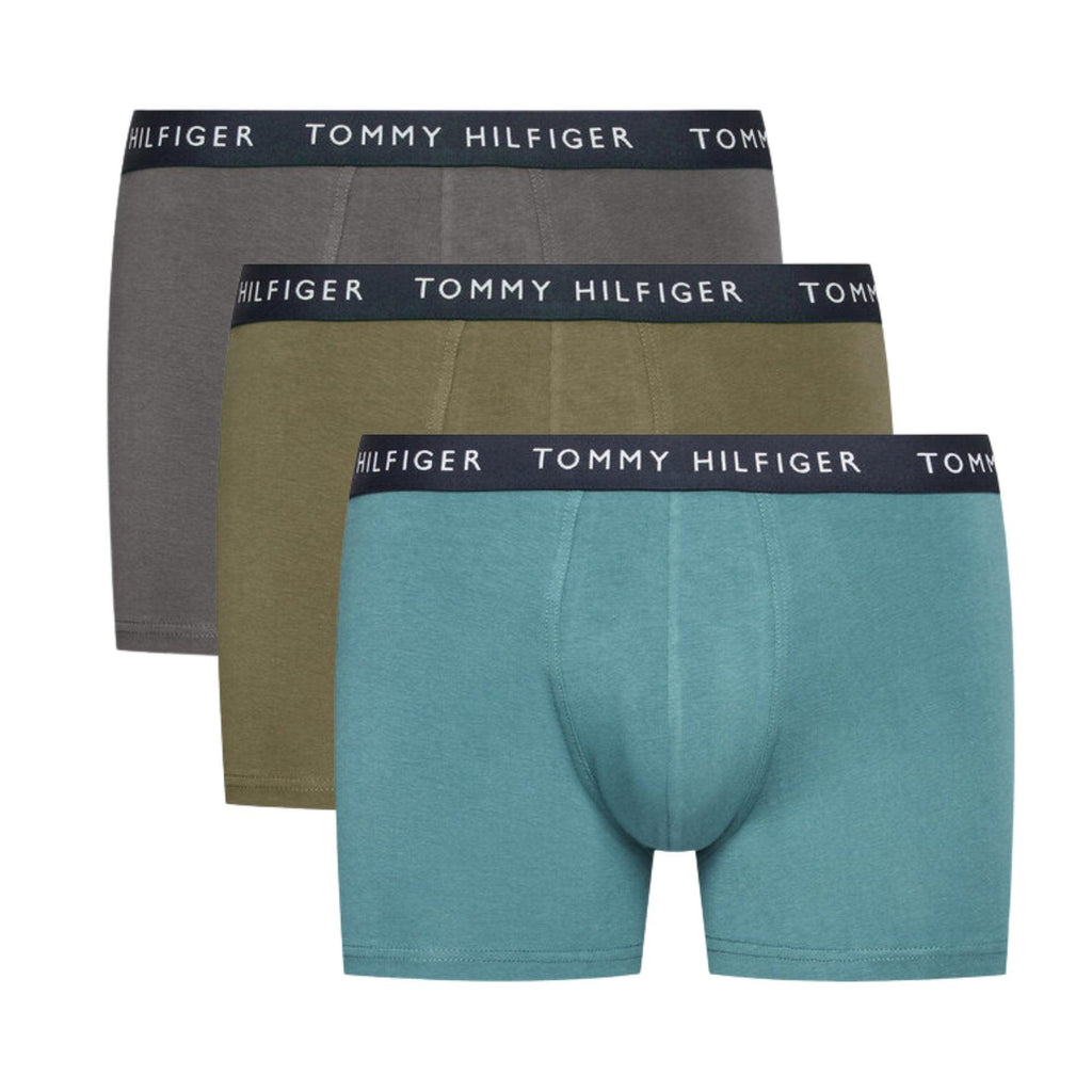 Tommy Hilfiger 3 Pack Essential Logo Waistband Trunks - Frosted Green/Army Green/Dark Ash - Utility Bear