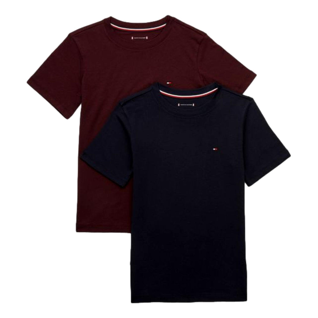 Tommy Hilfiger Boys 2 Pack Cotton Crew Neck Short Sleeve T-Shirts- Deep Burgundy/Desert Sky - Utility Bear