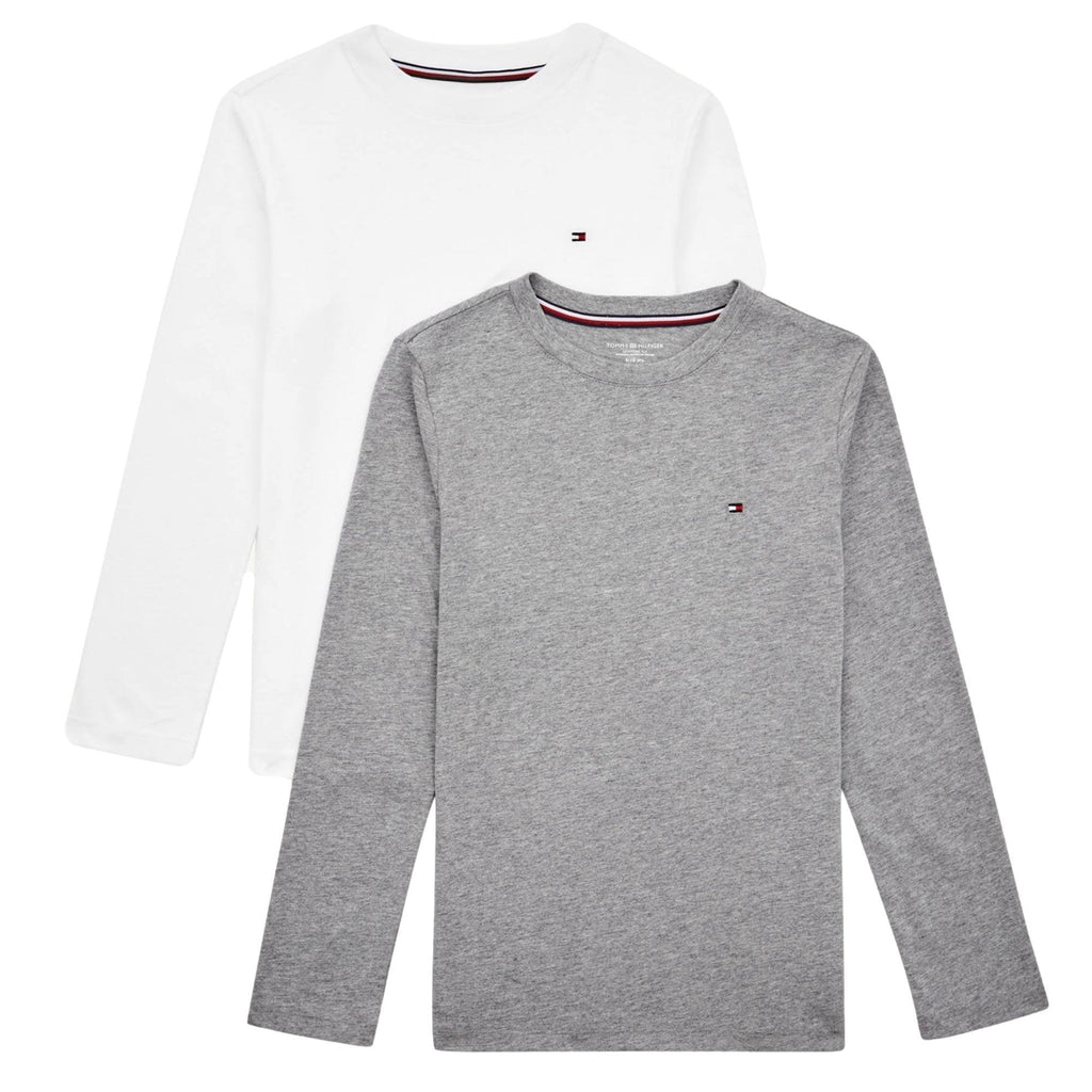 Tommy Hilfiger Boys 2 Pack Long Sleeve T-Shirts - White/Medium Grey Heather - Utility Bear
